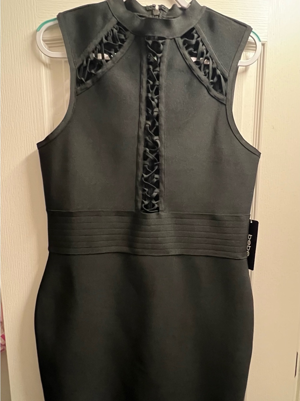 bebe Black Sleeveless Mini Dress with Lattice Front Detail